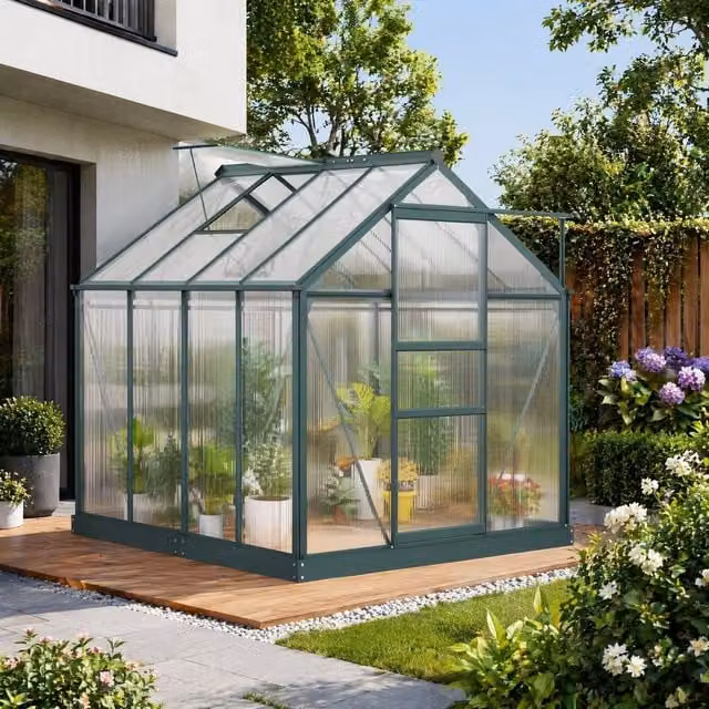 STILVORA Green Walk-In Greenhouse with Aluminium Frame, Polycarbonate Panels, Sliding Door, Window and Rain Gutter, W/D/H: 161.5 x 190 x 201 cm – 1