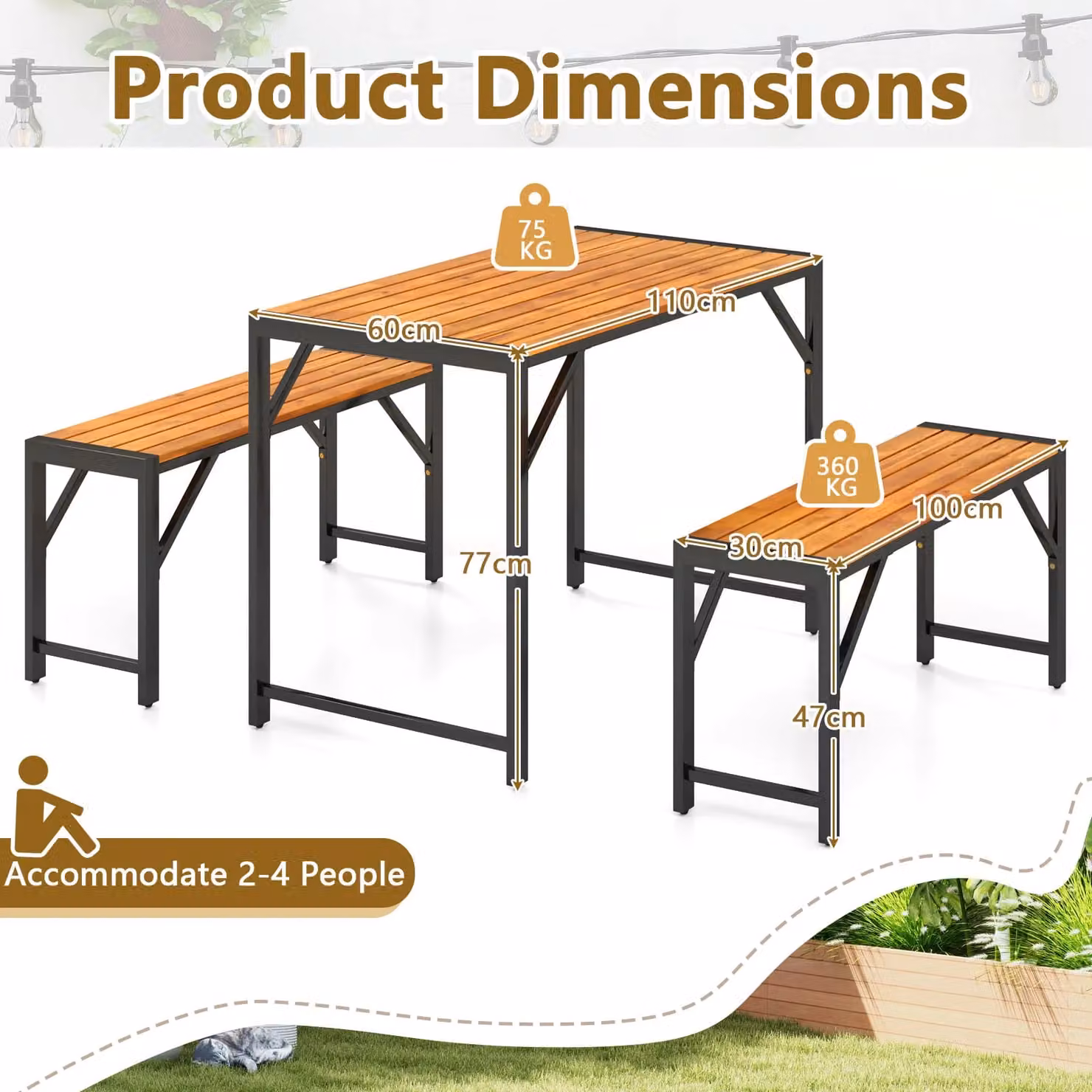 Costway 3-Piece Acacia Wood Patio Dining Set with Rectangular Picnic Table and 2 Benches in Brown – 2