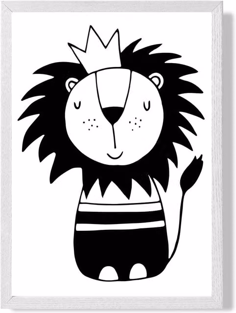 ARTZE Scandi Black Lion Animal Framed Print, White Frame, Size: A2 (42.0 x 59.4 cm)