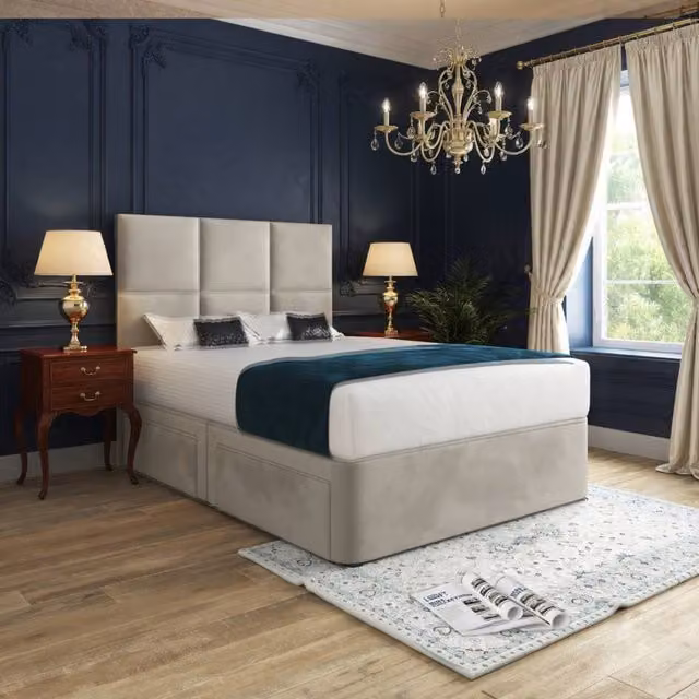 KDMD Isham Upholstered Designer Bed Frame with Floorstanding Headboard in Beige Fabric, W/D/H: 120 x 200 cm