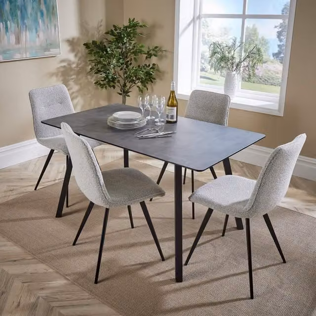 Home Source Dining Set with 140 cm Rectangular Table and 4 Beige Boucle Chairs with Dark Grey Metal Legs – 1