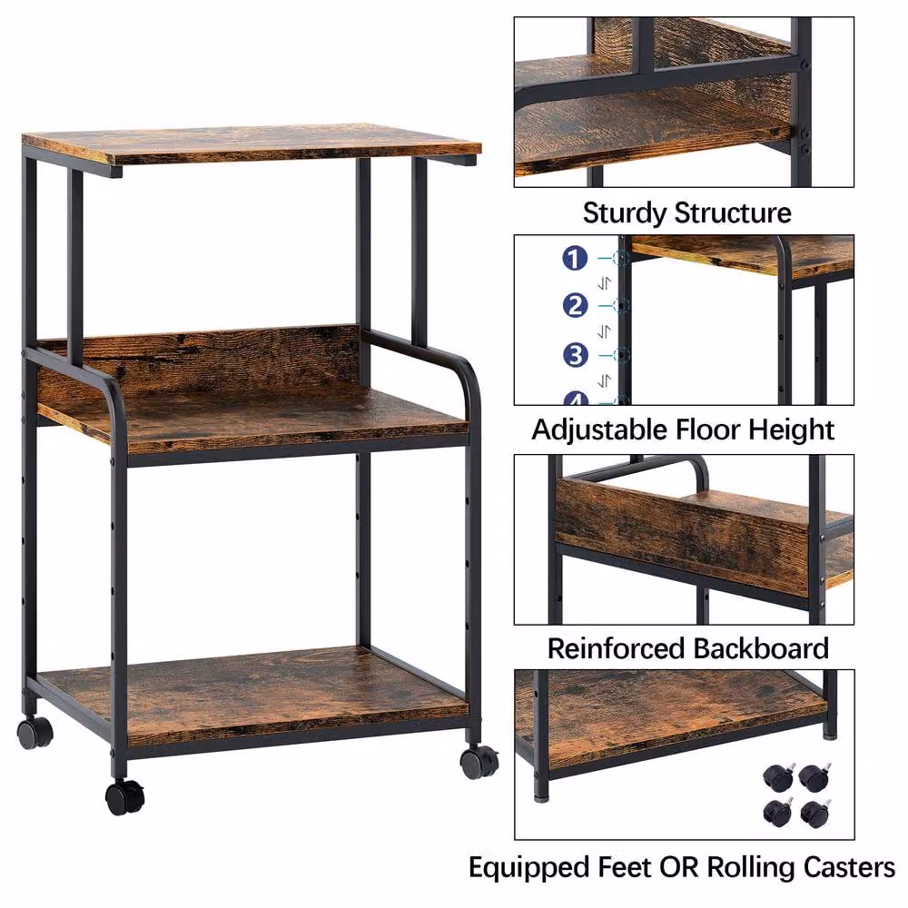 Huhote 3-Tier Rolling Printer Stand with Adjustable Shelves in Brown – 3