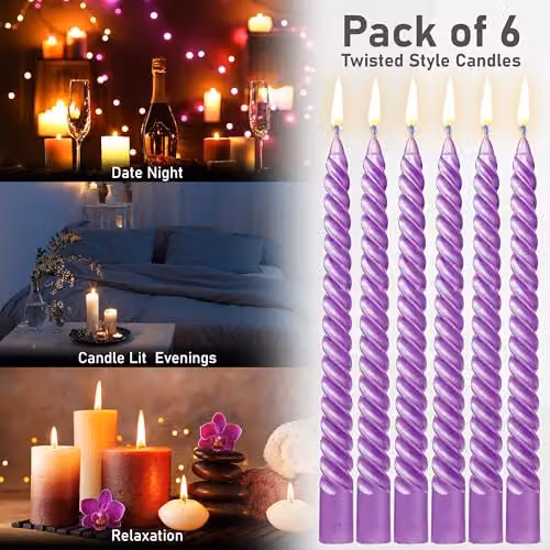 Deco Express Non-Drip Twisted Unscented Dinner Candles, Metallic Purple, Pack of 6 – 6