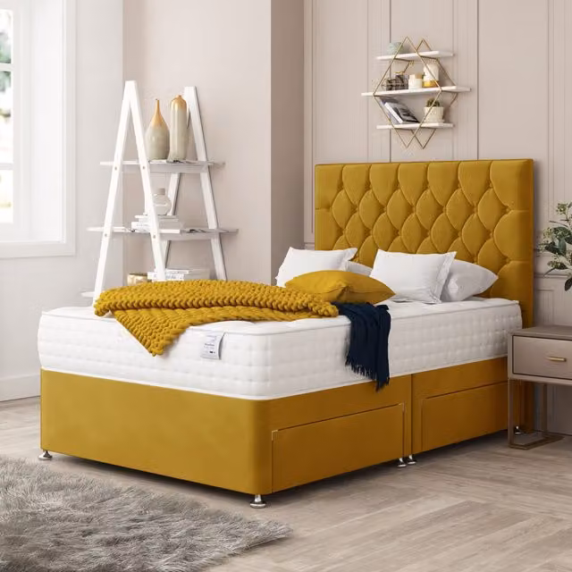 Bed Choices Windsor Upholstered Chesterfield Divan Bed with 2 Drawers and 26 inch Headboard in Yellow Velvet, W/D/H: 140 x 200 cm