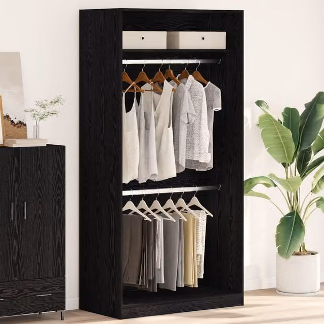 Berkfield Home Black Oak Wardrobe in Black MDF with Internal Shelves and Hanging Rod, W/D/H: 100 x 50 x 200 cm