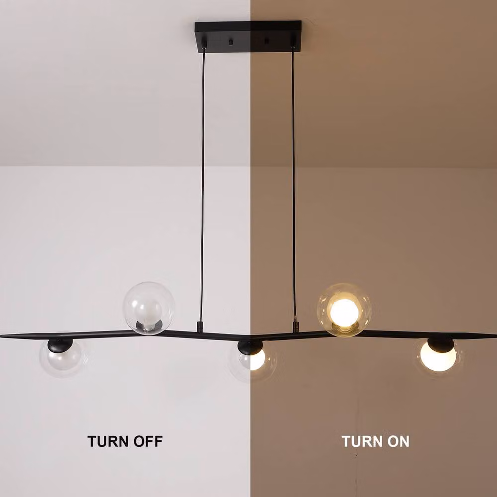 NIVOR 5 Light Linear Kitchen Island Pendant in Black with Transparent Glass, Dimmable and Height Adjustable – 3