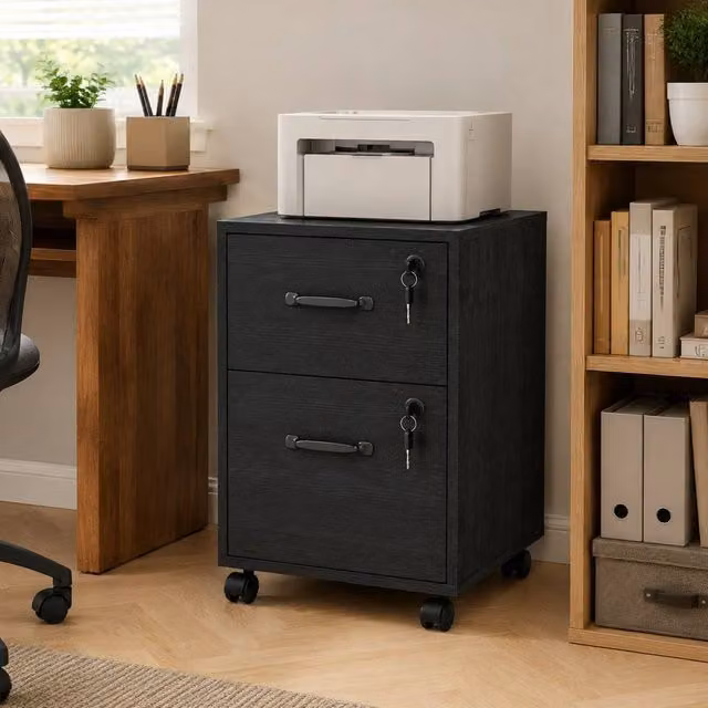 STILVORA 2 Drawer Filing Cabinet with Castors in Black – 1