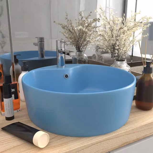 Berkfield Home Luxury Ceramic Round Countertop Wash Basin with Overflow, Matt Light Blue, W: 36 cm, D: 13 cm – 1
