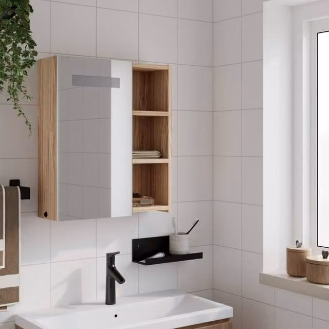 Berkfield Home Modern Oak Bathroom Mirror Cabinet with LED Light, Brown, W: 45 cm, D: 13 cm, H: 52 cm – 1
