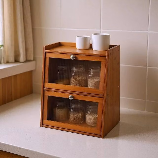 Kelvenix 3 Tier Bamboo Bread and Pantry Storage Cabinet in Brown with Glass Doors – 1
