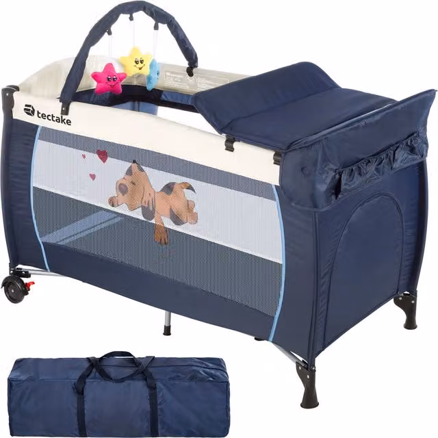 tectake Travel Cot for Babies in Blue with Changing Mat, Play Bar and Carry Bag