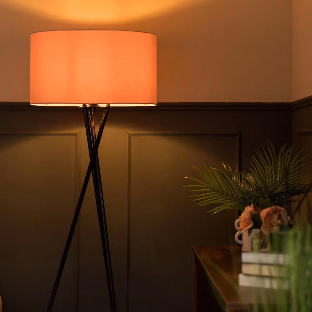ValueLights Camden Black Metal Tripod Floor Lamp with Dusty Pink Fabric Drum Shade, H 154 cm x W 62 cm – 2