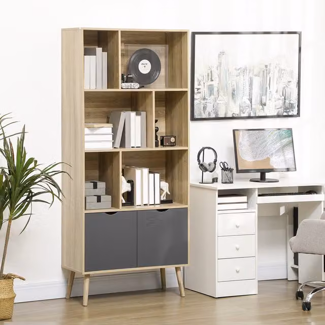 HOMCOM Modern Bookcase with 6 Open Shelves and Storage Cabinet in Natural Wood Effect and Dark Grey