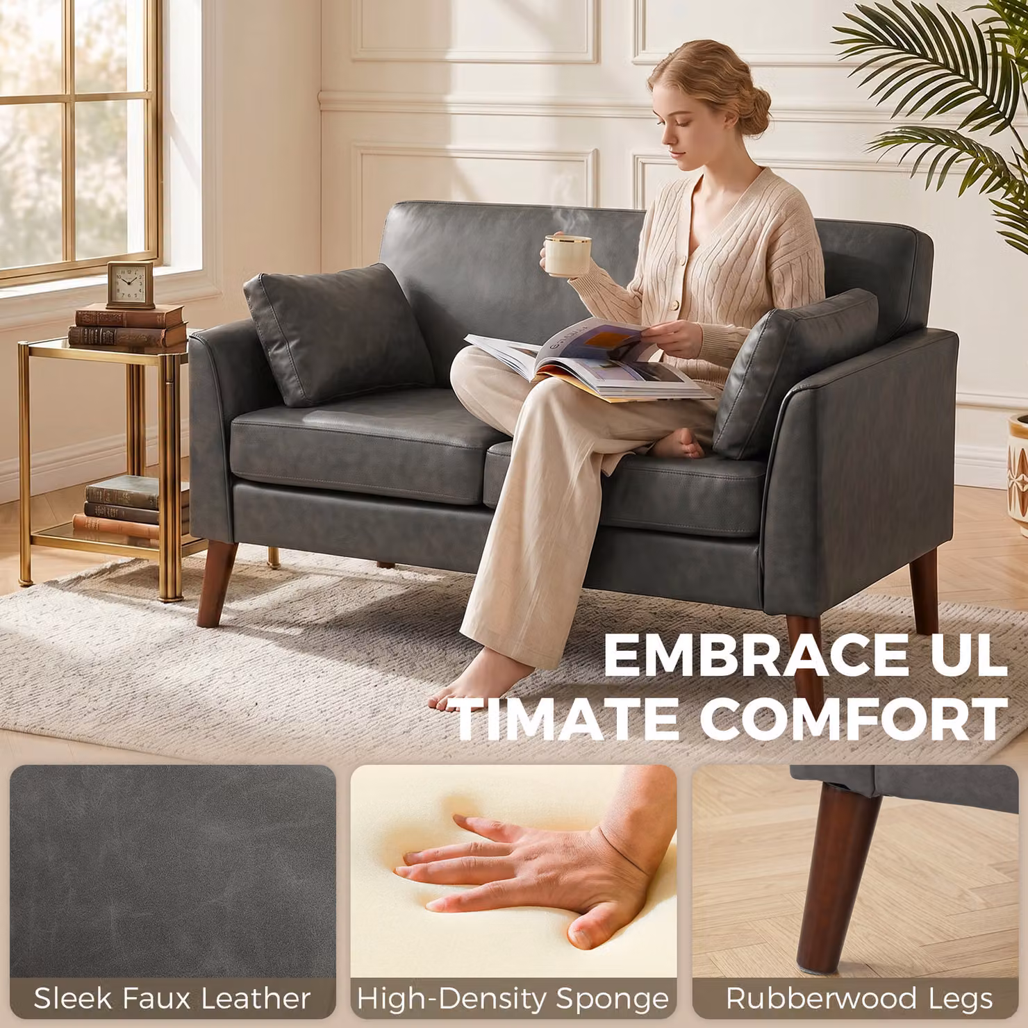 HOMCOM 2 Seater Modern Small Sofa in Grey with Synthetic Leather Upholstery and Solid Wood Legs, W: 132 cm – 4
