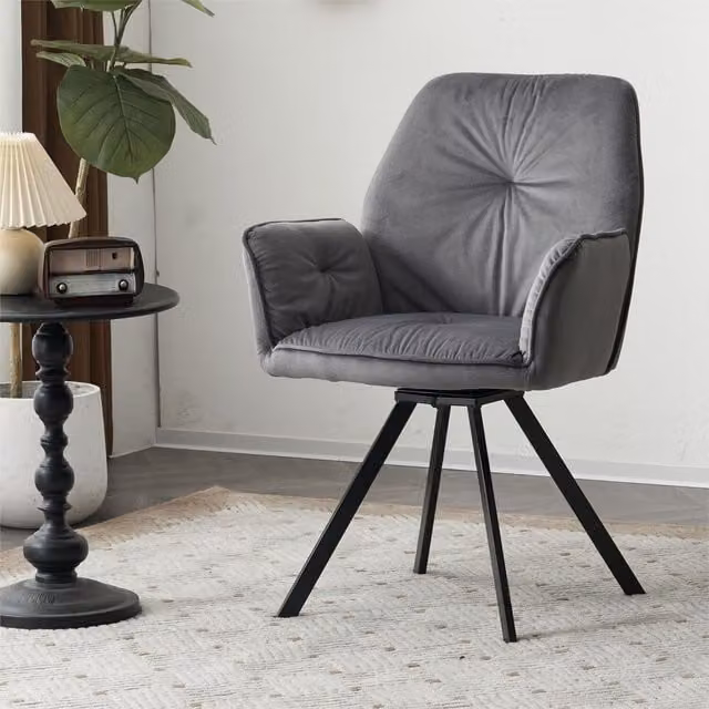 Home Touch Interiors Grey Velvet Swivel Accent Armchair with Wood and Metal Legs for Dining or Home Office Use