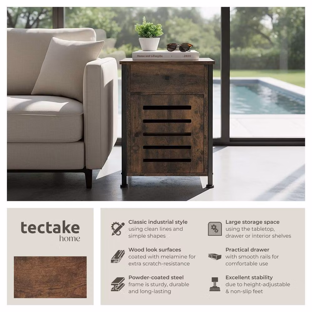 tectake Waterford Bedside Table in Brown with Shelf, Drawer and Cupboard, W: 40 cm, D: 42 cm, H: 60.5 cm – 2