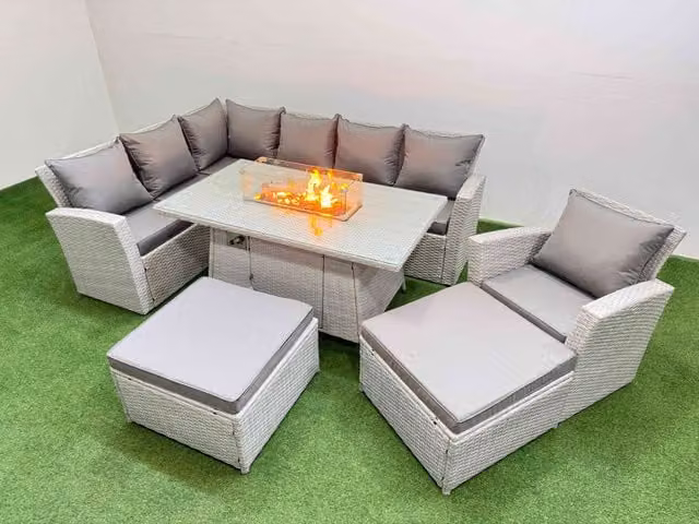 Fimous Rattan L-Shape Corner Sofa Set with Gas Fire Pit Table and 2 Ottomans in Light Grey