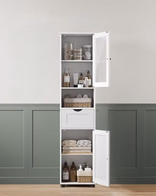 VASAGLE Tall Slim White Bathroom Cabinet with Glass Door and Open Shelf, H: 165.0 cm x W: 40.0 cm