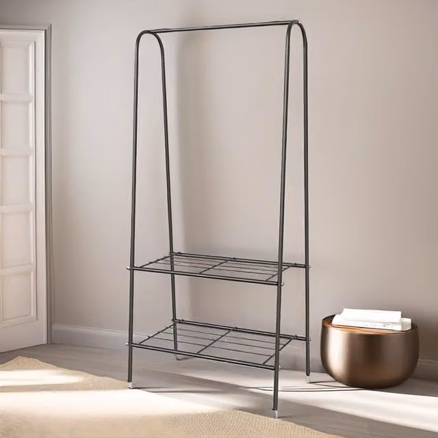 FURNOS Heavy Duty Metal Clothes Rail Open Wardrobe with 2 Shelves in Matt Black, W/D/H: 153 x 36 x 36 cm