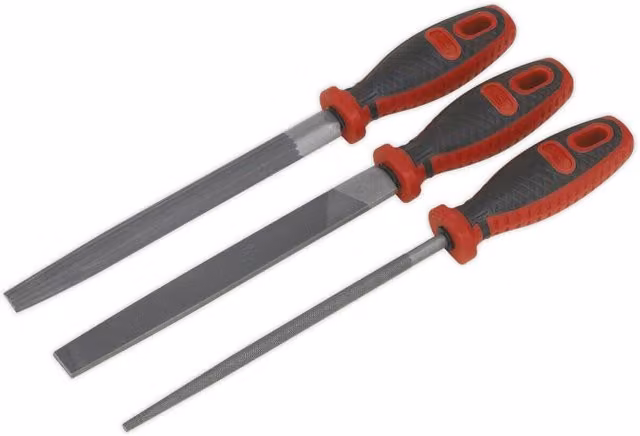 Loops 3 Piece Engineers 200mm File Set with Flat, Half-Round and Round Double Cut Files in Red and Multicolour