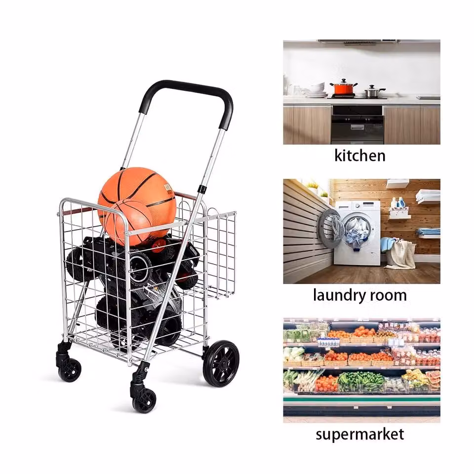 Costway Folding Portable Double Basket Grocery Utility Shopping Cart in Silver – 3