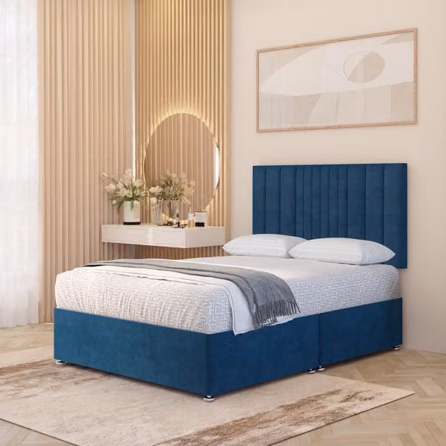 Somnior Beds Ltd Arizona Plush Velvet Orthopaedic Divan Bed Set with Hybrid Mattress and Headboard, Blue, W/D/H: 90 x 190 x 34.5 cm