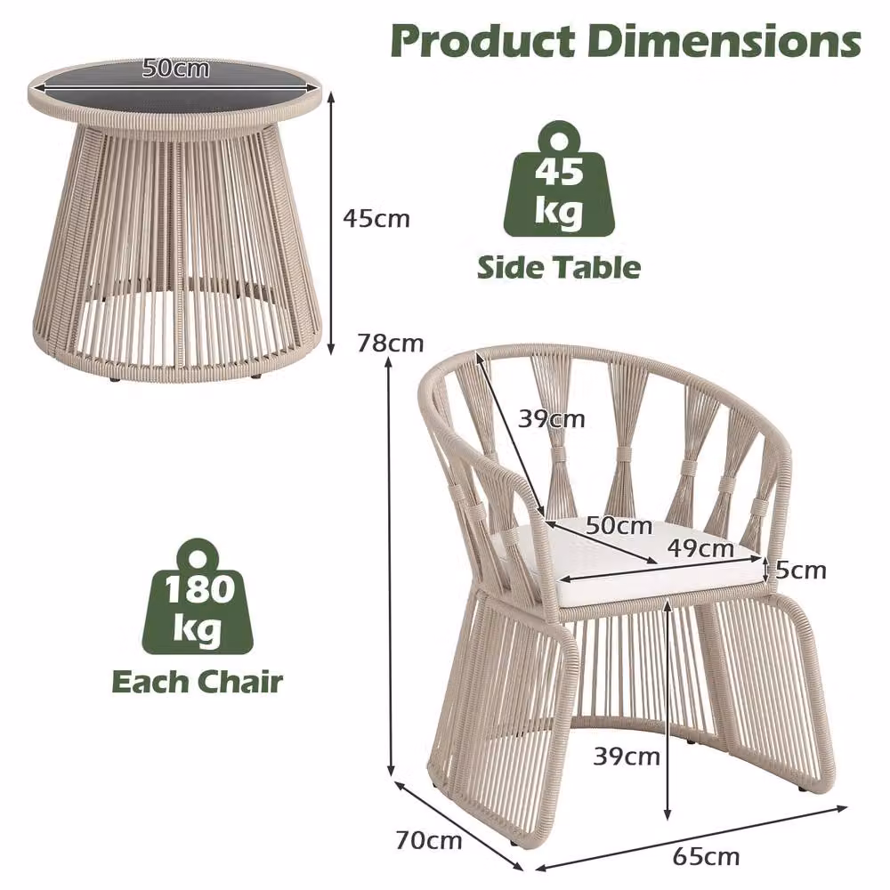 Costway 4 Piece Patio Furniture Set with 3 Rope-Woven Armchairs and Glass Top Table in Beige and Multicolour – 2