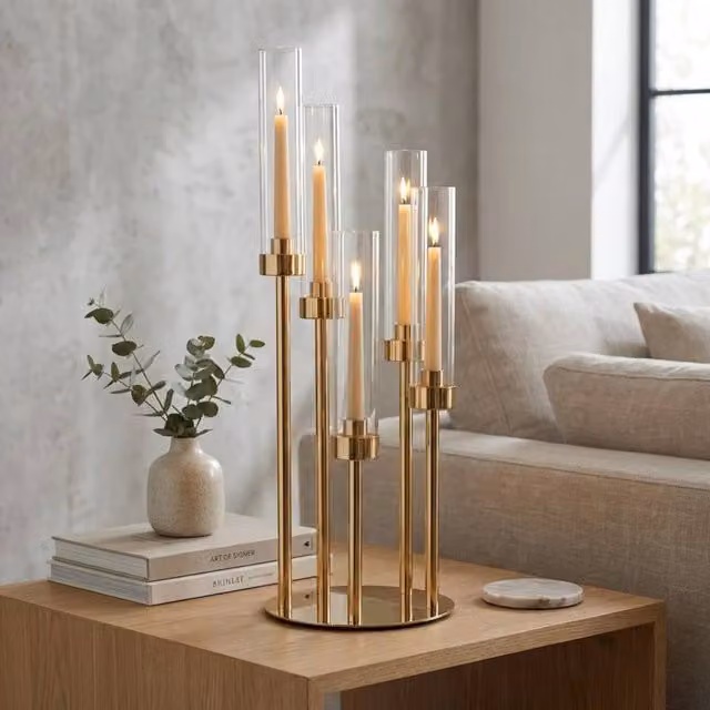 Garden Greatness Maison Multicolour Gold Tube Glass and Metal Taper Candle Holder Centrepiece