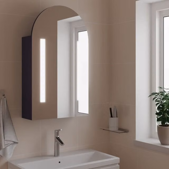 Berkfield Home Arched Bathroom Mirror Cabinet with LED Light, Grey, W: 42 cm, D: 13 cm, H: 70 cm