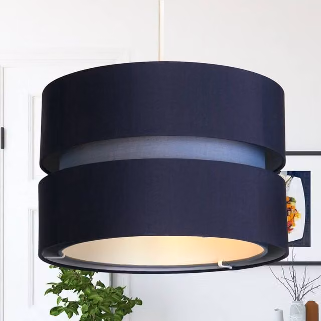 Lighting Collection Blue and White 2 Tone Gap Tier Drum Fabric Cylinder Lampshade, Diameter: 30 cm