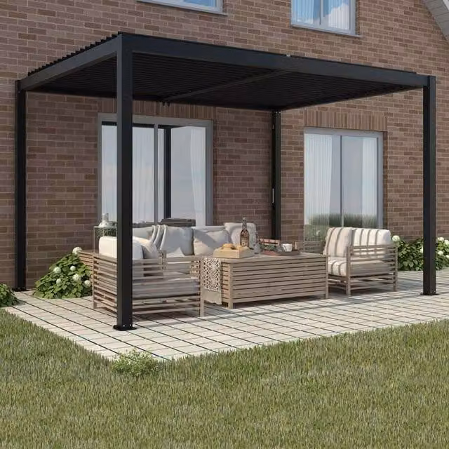 Primrose Living Deluxe Charcoal Veranda with Louvered Shutter Roof in Dark Grey, W: 400 cm, D: 300 cm, H: 230.6 cm – 1