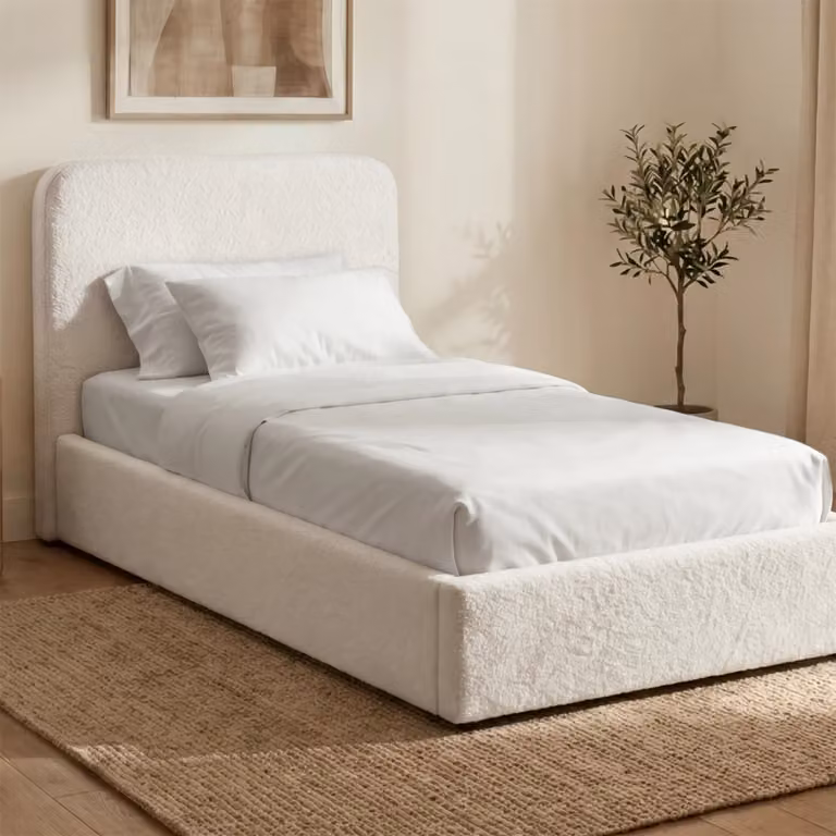 Sofna White Boucle Ottoman Storage Bed Frame, Single (W: 90 cm, L: 190 cm)