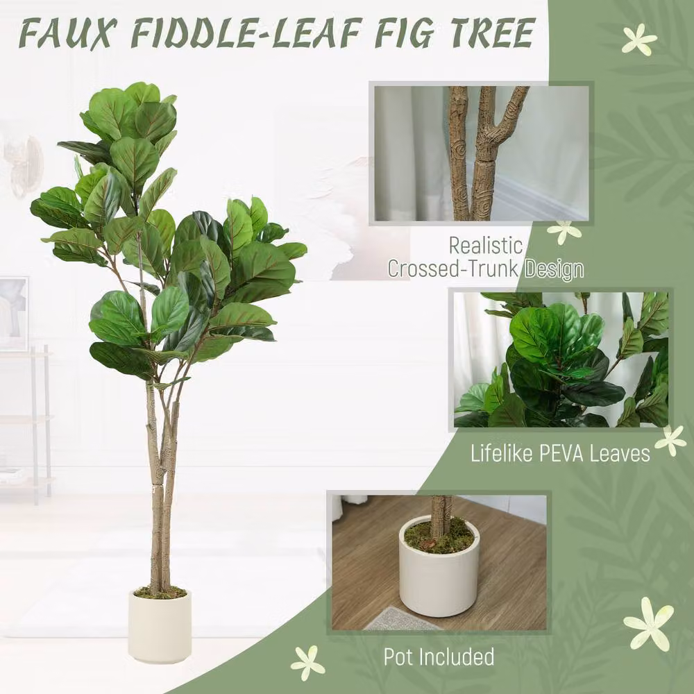 HOMCOM 150 cm Artificial Fiddle Leaf Fig Tree in Green and White – 3