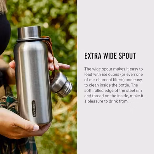 Black + Blum Stainless Steel Thermal Insulated Water Bottle with Vegan Leather Carry Loop, Black and Orange, 500ml – 2