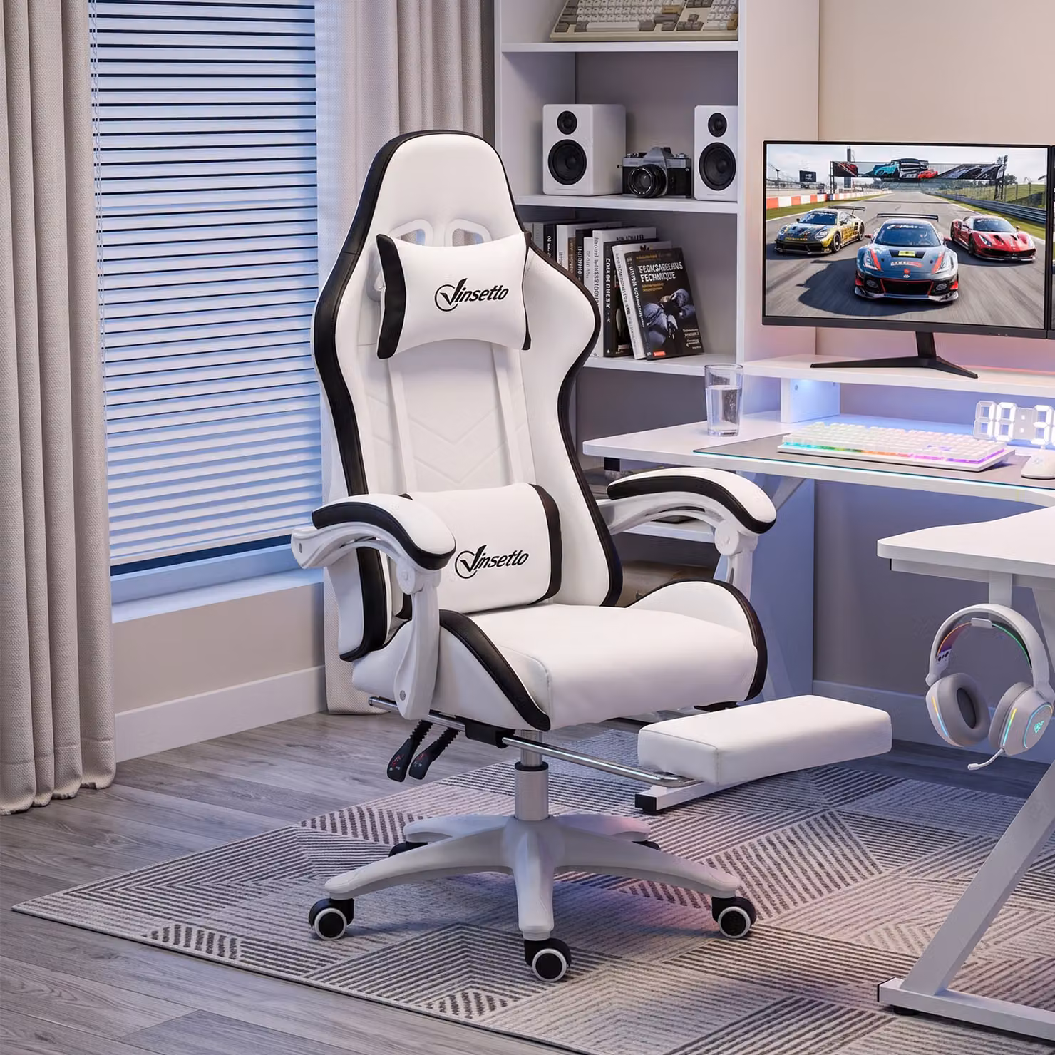 Vinsetto Racing Style Gaming Chair in White and Black with Reclining Function, Footrest, and Removable Headrest – 3