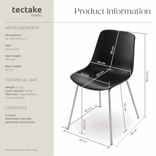 tectake Set of 2 Classic Dining Chairs with Ergonomic Plastic Seats and Chrome-Plated Steel Legs in Black – 2