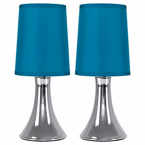 MiniSun Set of 2 Modern Chrome Trumpet Touch Table Lamps with Blue Fabric Shades
