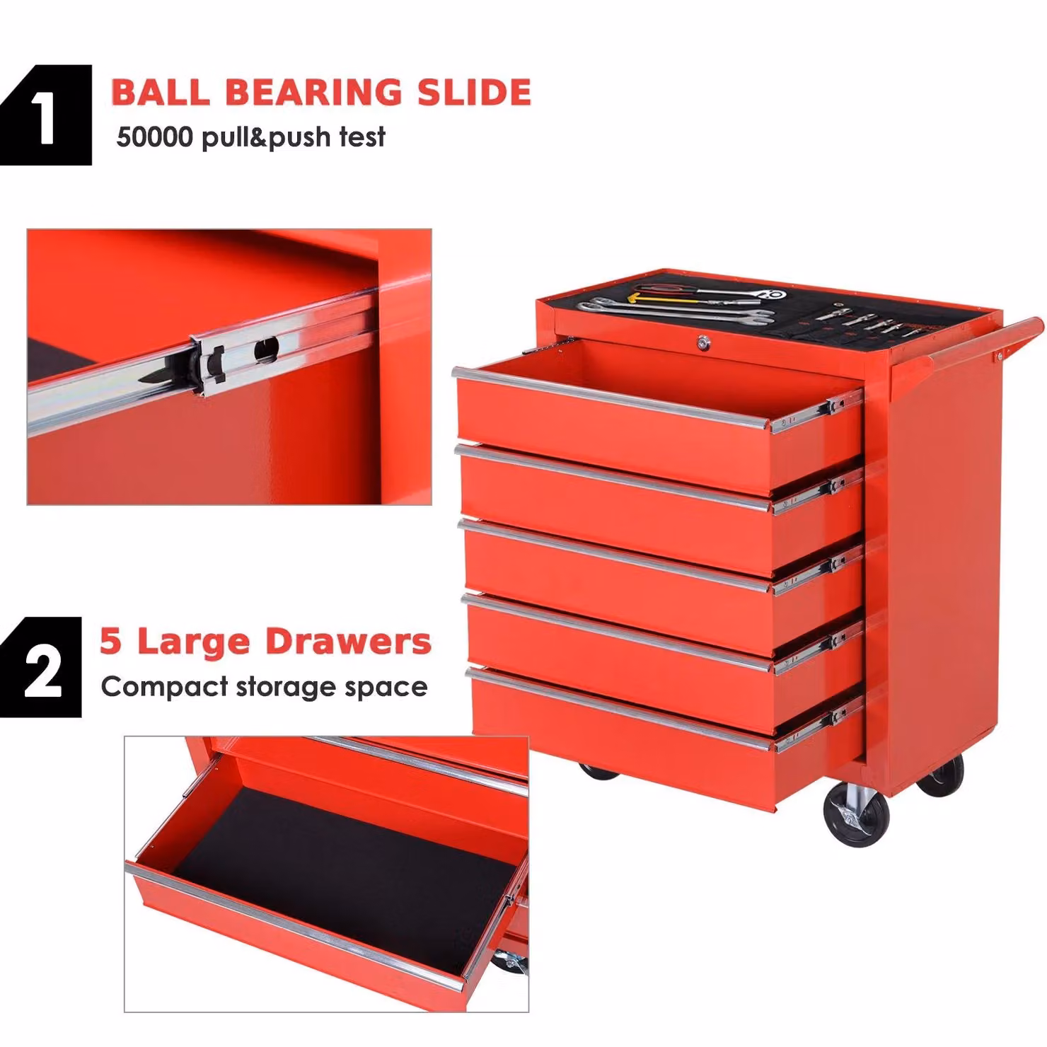 DURHAND Lockable Steel Roller Tool Cabinet with Worktop, Red – 4