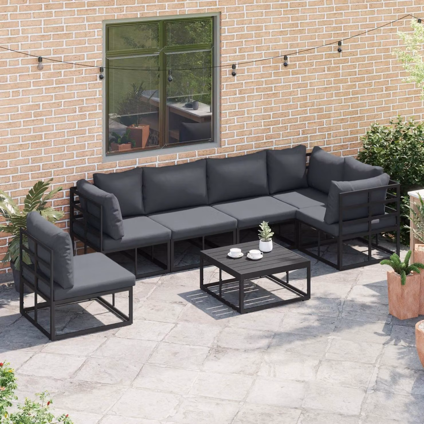 Berkfield Home 6 Piece L-Shape Garden Sofa Set with Cushions and Pillows in Black Powder Coated Aluminium – 2