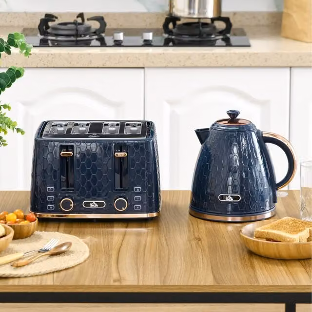 HOMCOM Kettle and 4-Slice Toaster Set with 7 Browning Levels, Blue