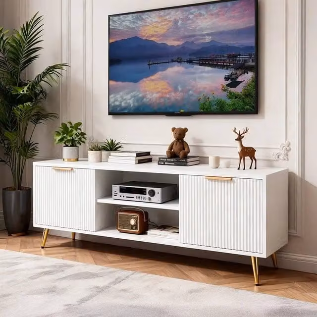 EONLION Modern White MDF TV Stand Cabinet with 2 Open Shelves and Media Compartments, Width: 100 cm