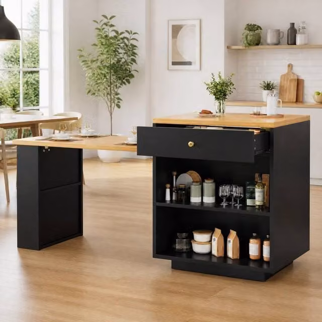 STILVORA Kitchen Island with Extendable Table and Storage in Black