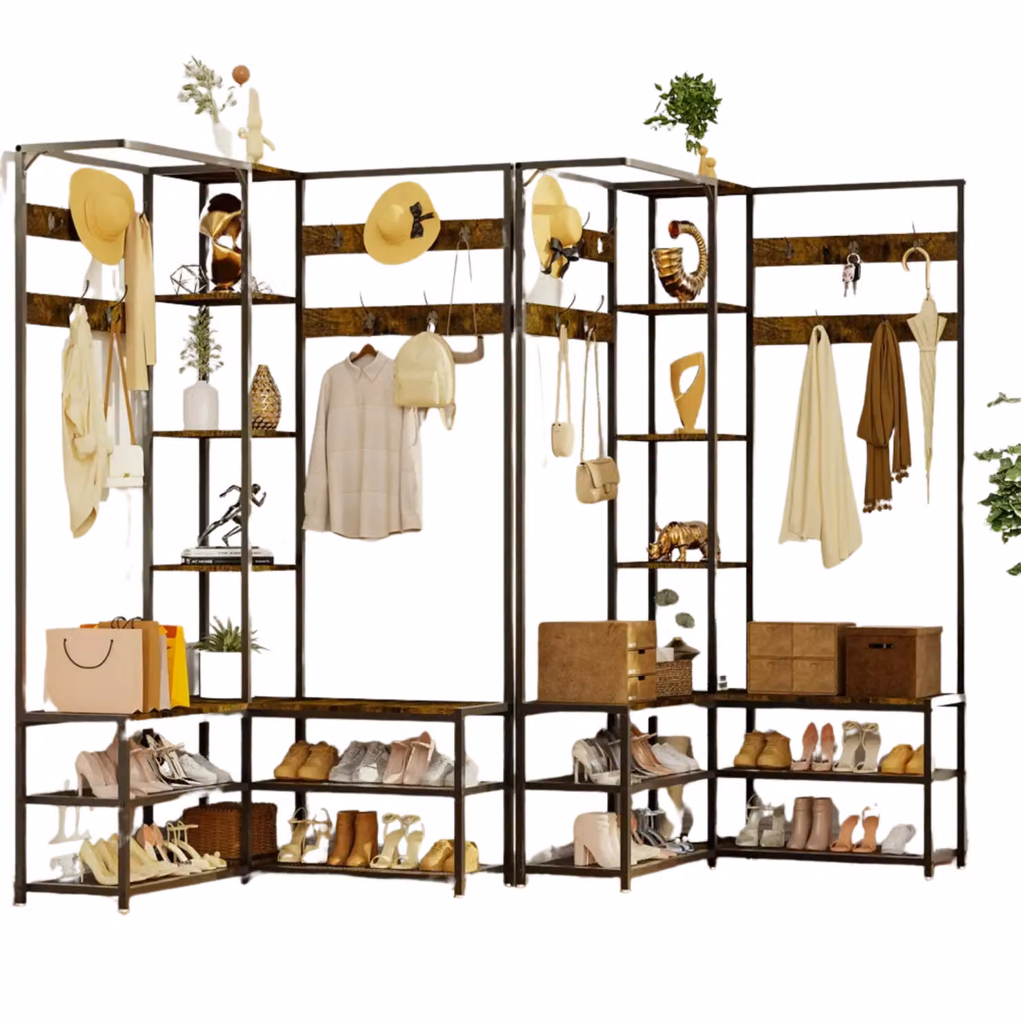 Pirlo Plush Industrial Hall Tree Coat Rack with Shoe Storage Bench in Brown and Black, H 178.5 x W 120 x D 46 cm – 2