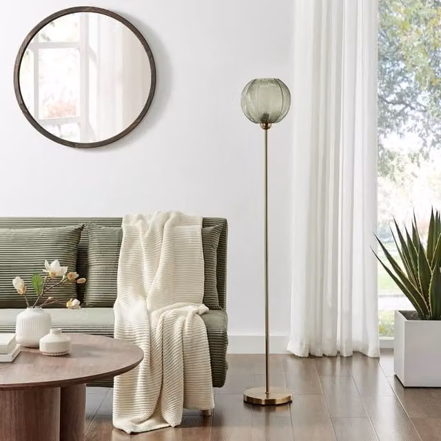FurnitureboxUK Nadine Art Deco Green Glass Globe Standing Floor Lamp with Gold Brass Base