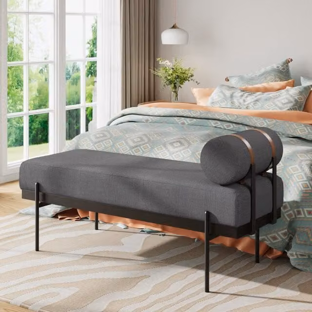 Komore Classic Grey Upholstered Fabric Bench