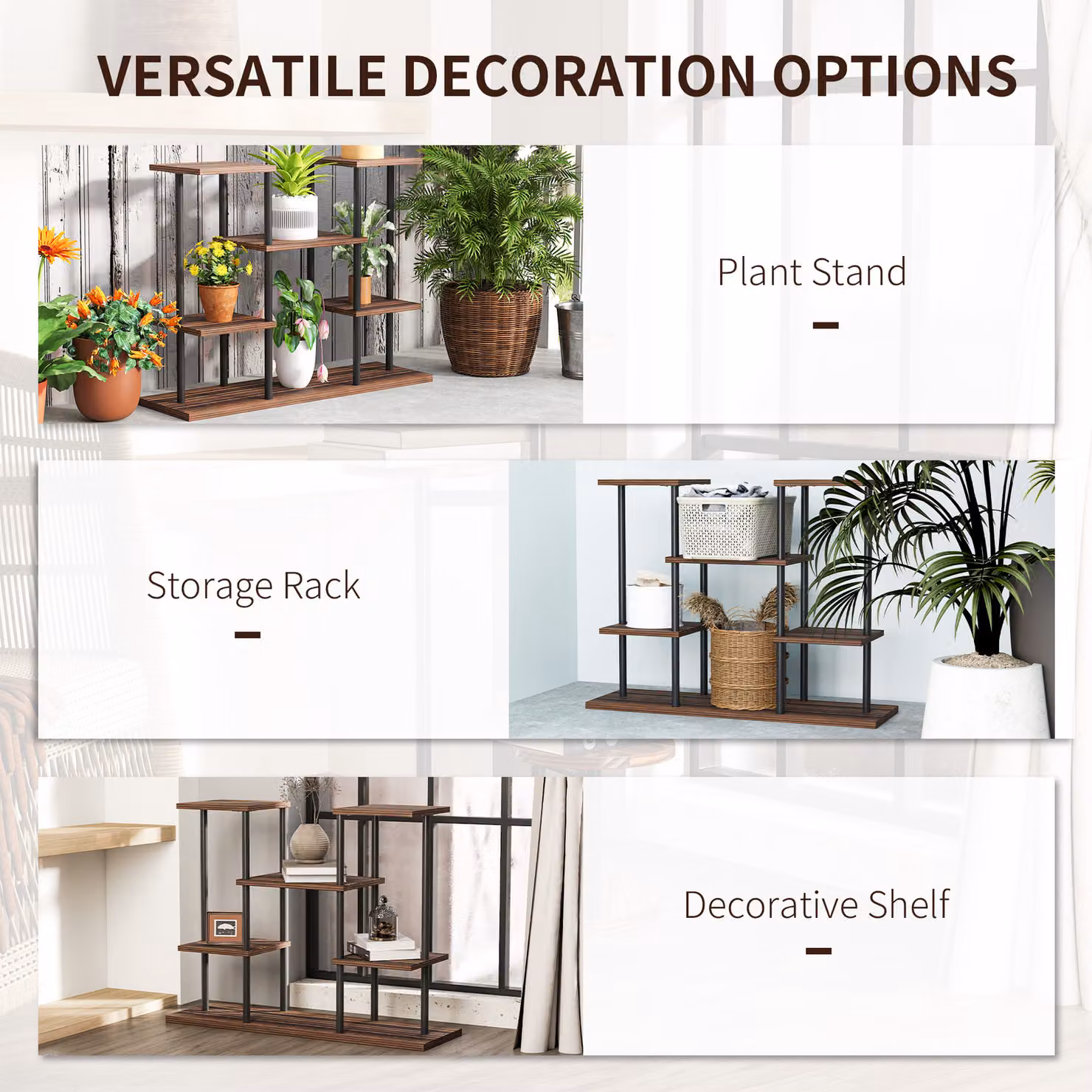 Outsunny Four-Tier Industrial Wooden and Metal Plant Stand, Brown, H 80.0 x W 61.5 x D 24.0 cm – 6