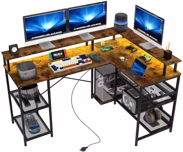 VOGREX L-Shaped LED Gaming Desk with Power Ports in Brown, W/D/H: 150 x 102 x 76 cm