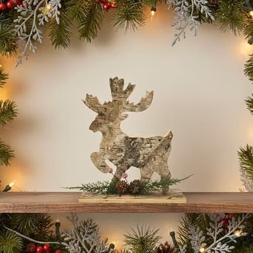 SHATCHI Rustic Reindeer Shape Birch Bark Wooden Christmas Tree Decoration, Height: 20 cm – 2