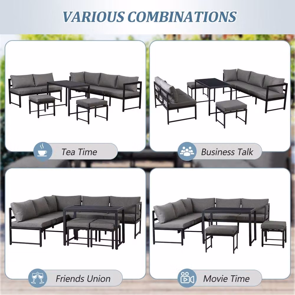 HomeTouch 5-Piece Outdoor Sofa Set with Adjustable Backrest, Stools and Coffee Table in Grey – 5