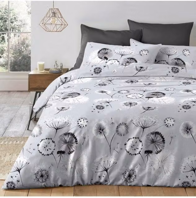 Velosso Dandelion Floral Printed Cotton Rich Duvet Cover and Pillowcase Set in Grey, W/D/H: 135 x 200 cm and 50 x 75 cm – 1